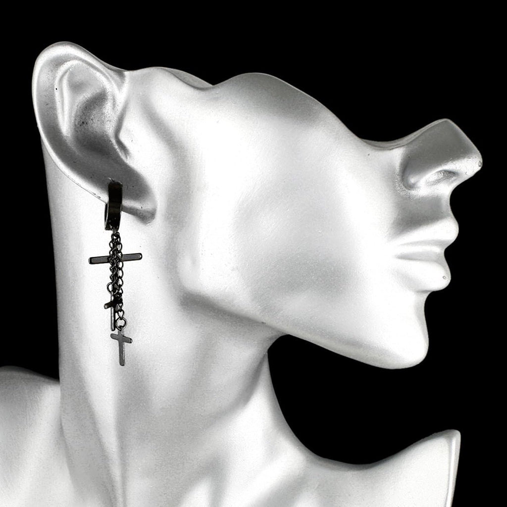 80S Gothic Earring Cross Earrings for Men Dangle Hinged Hoop Huggie Earrings Stainless Steel, 2 Pairs Steel and Black - EdBryShaan