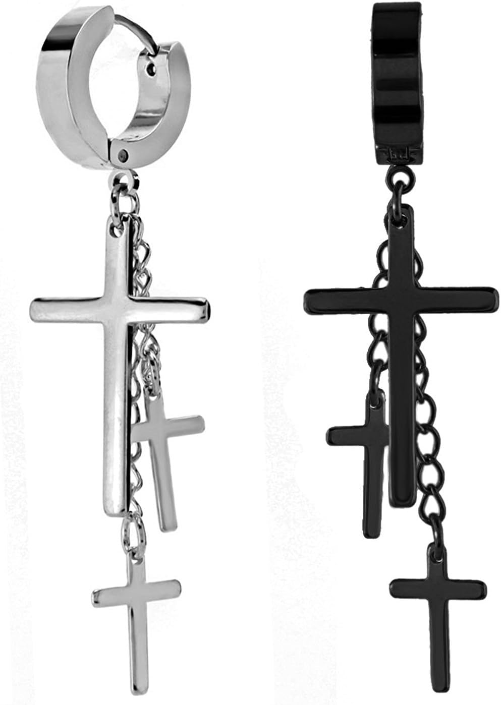80S Gothic Earring Cross Earrings for Men Dangle Hinged Hoop Huggie Earrings Stainless Steel, 2 Pairs Steel and Black - EdBryShaan