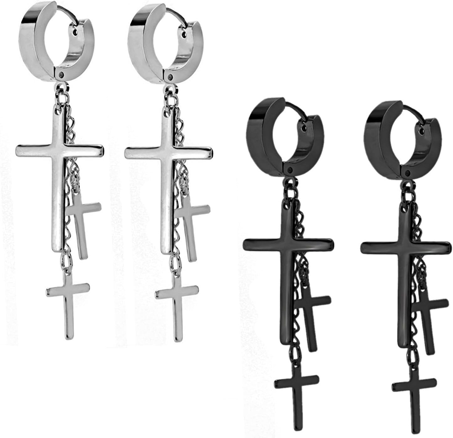 80S Gothic Earring Cross Earrings for Men Dangle Hinged Hoop Huggie Earrings Stainless Steel, 2 Pairs Steel and Black - EdBryShaan