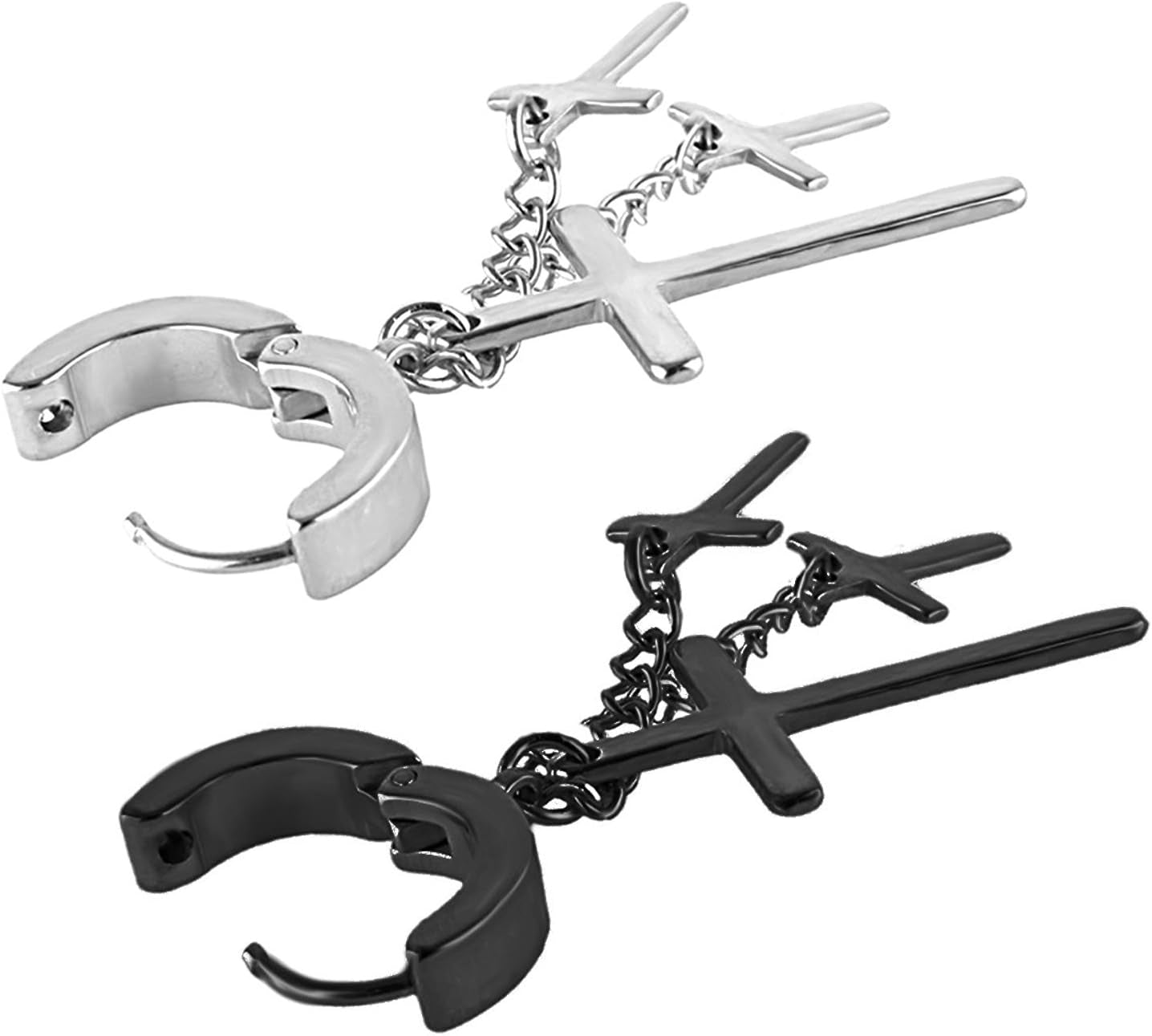 80S Gothic Earring Cross Earrings for Men Dangle Hinged Hoop Huggie Earrings Stainless Steel, 2 Pairs Steel and Black - EdBryShaan