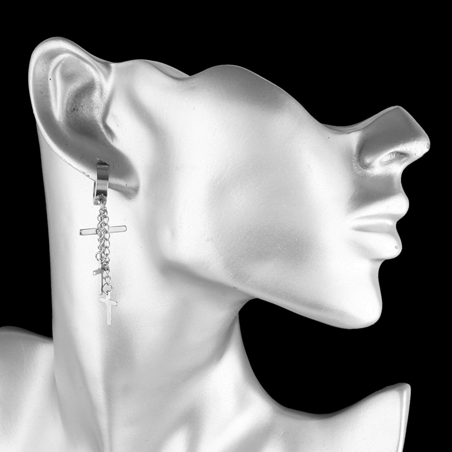 80S Gothic Earring Cross Earrings for Men Dangle Hinged Hoop Huggie Earrings Stainless Steel, 2 Pairs Steel and Black - EdBryShaan