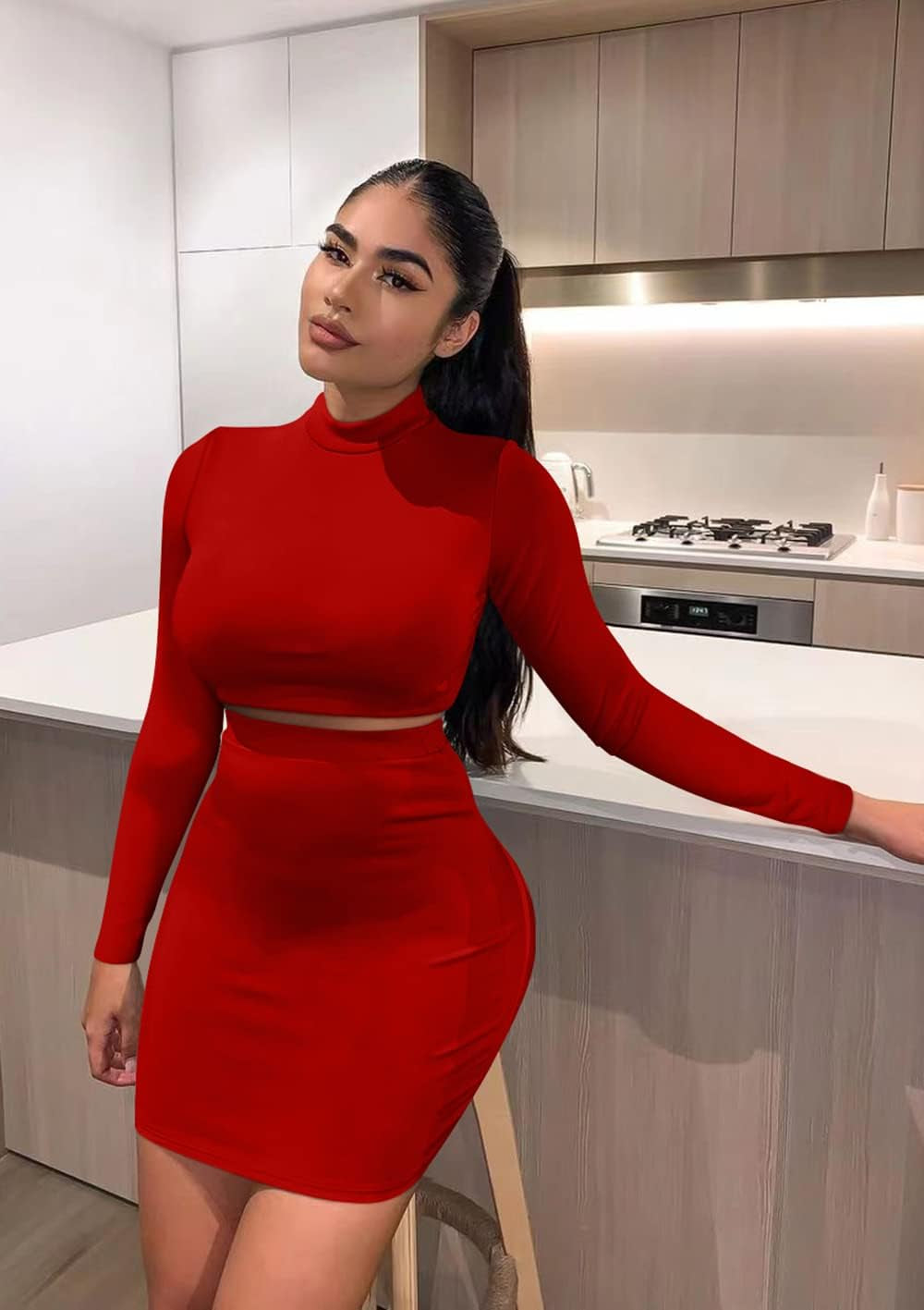 Women'S 2 Piece Skirt Sets Long Sleeve Bodycon Elegant Dress Outfits Red