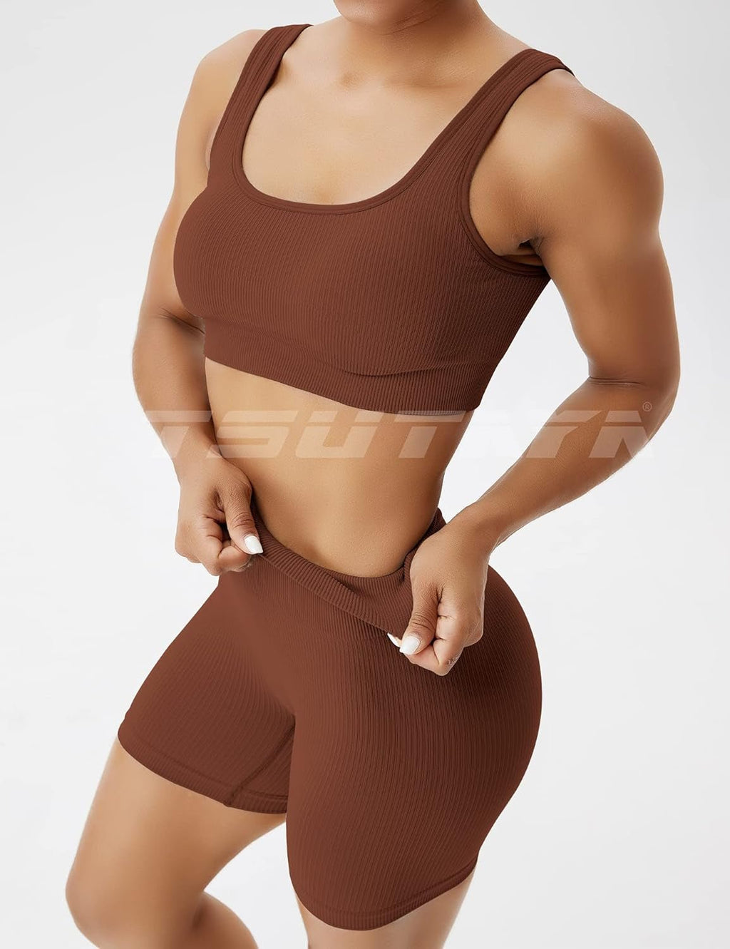 Seamless Workout Sets for Women 2 Piece Biker Shorts Gym Ribbed Crop Tank Top Casual Yoga Outfits Coffee L - EdBryShaan