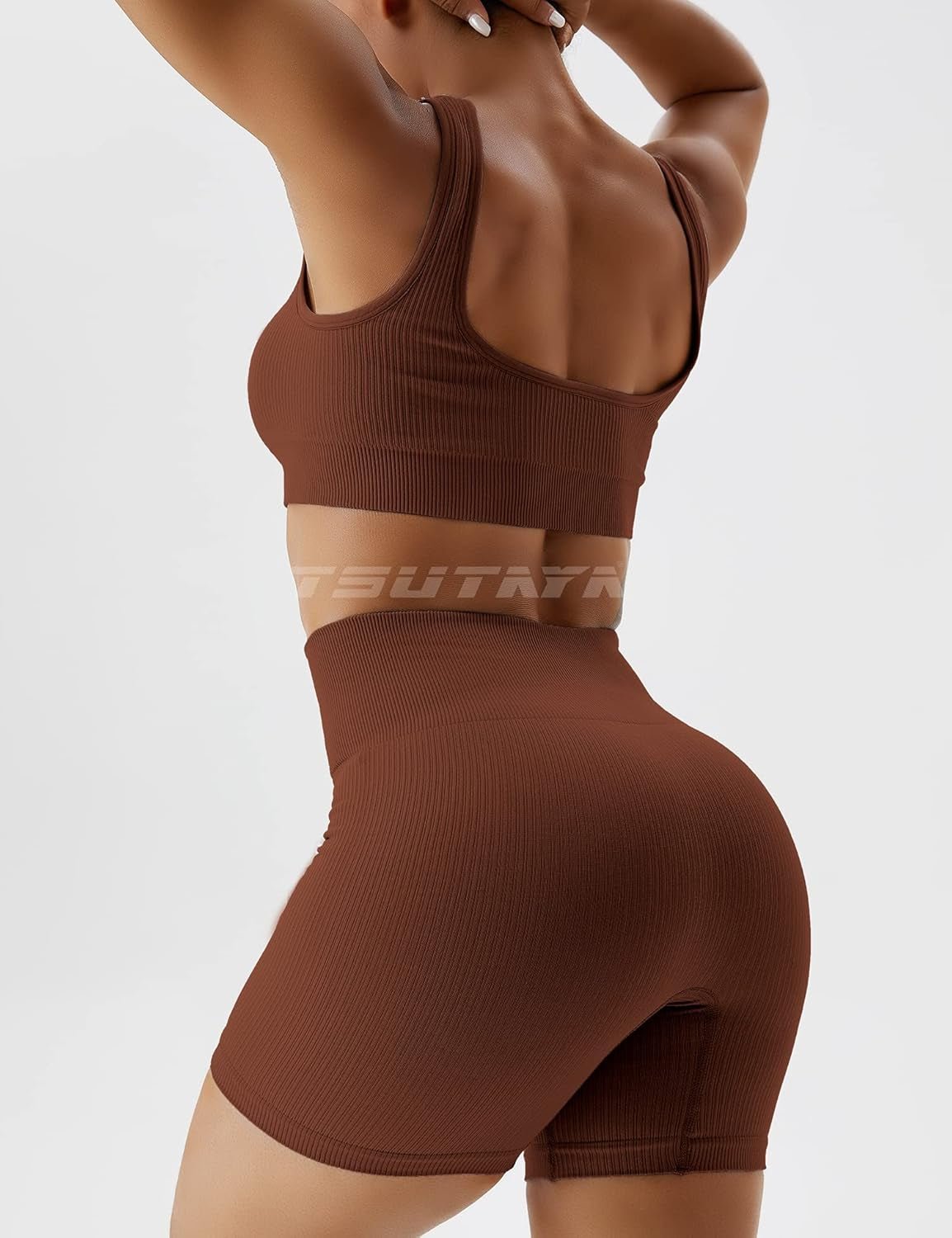 Seamless Workout Sets for Women 2 Piece Biker Shorts Gym Ribbed Crop Tank Top Casual Yoga Outfits Coffee L - EdBryShaan