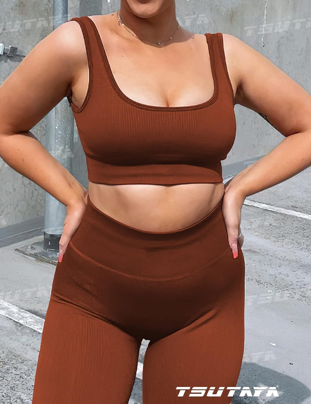 Seamless Workout Sets for Women 2 Piece Biker Shorts Gym Ribbed Crop Tank Top Casual Yoga Outfits Coffee L - EdBryShaan