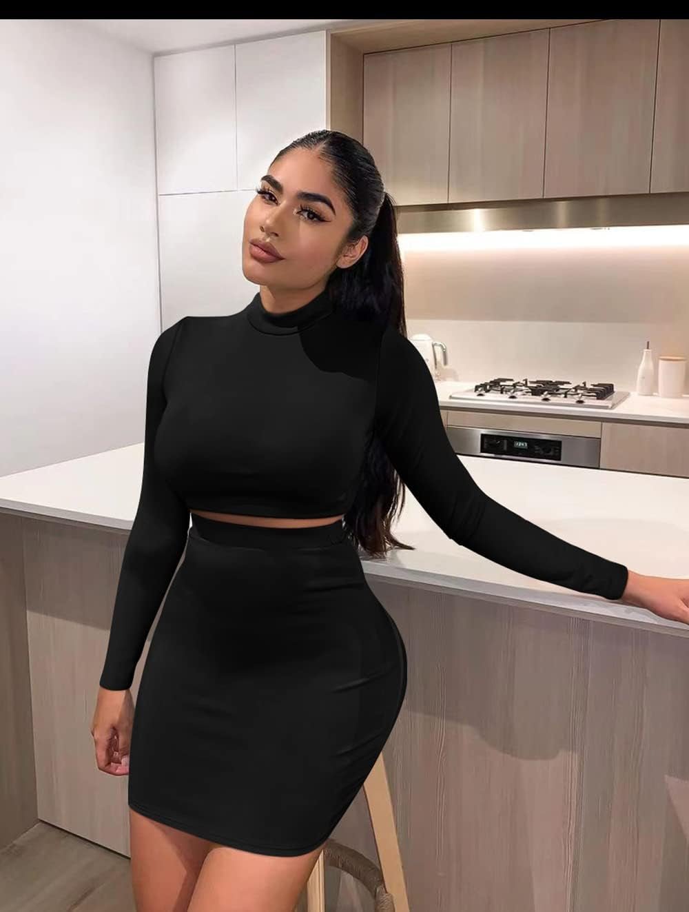 Women'S 2 Piece Skirt Sets Long Sleeve Bodycon Elegant Dress Outfits Black - EdBryShaan