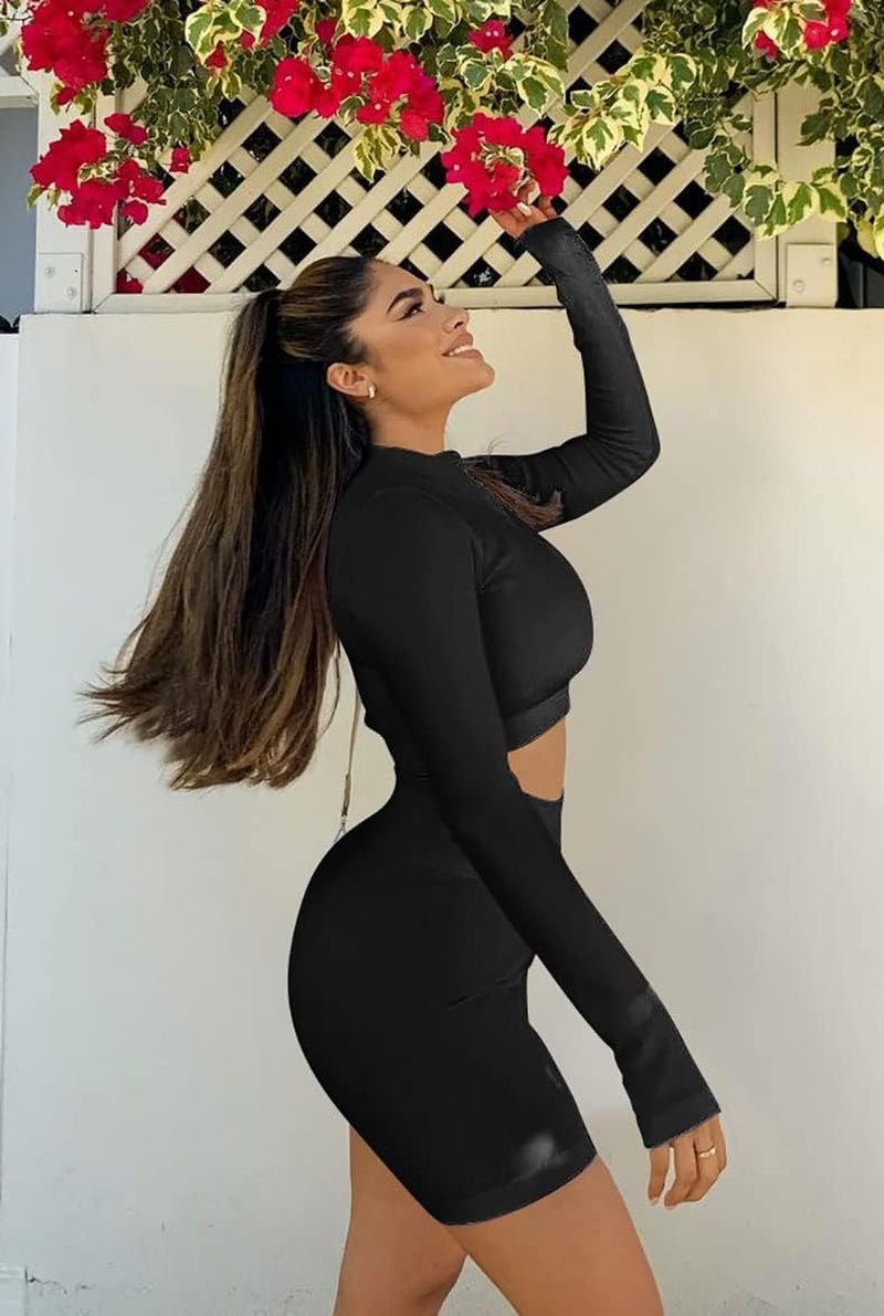 Women'S 2 Piece Skirt Sets Long Sleeve Bodycon Elegant Dress Outfits Black - EdBryShaan