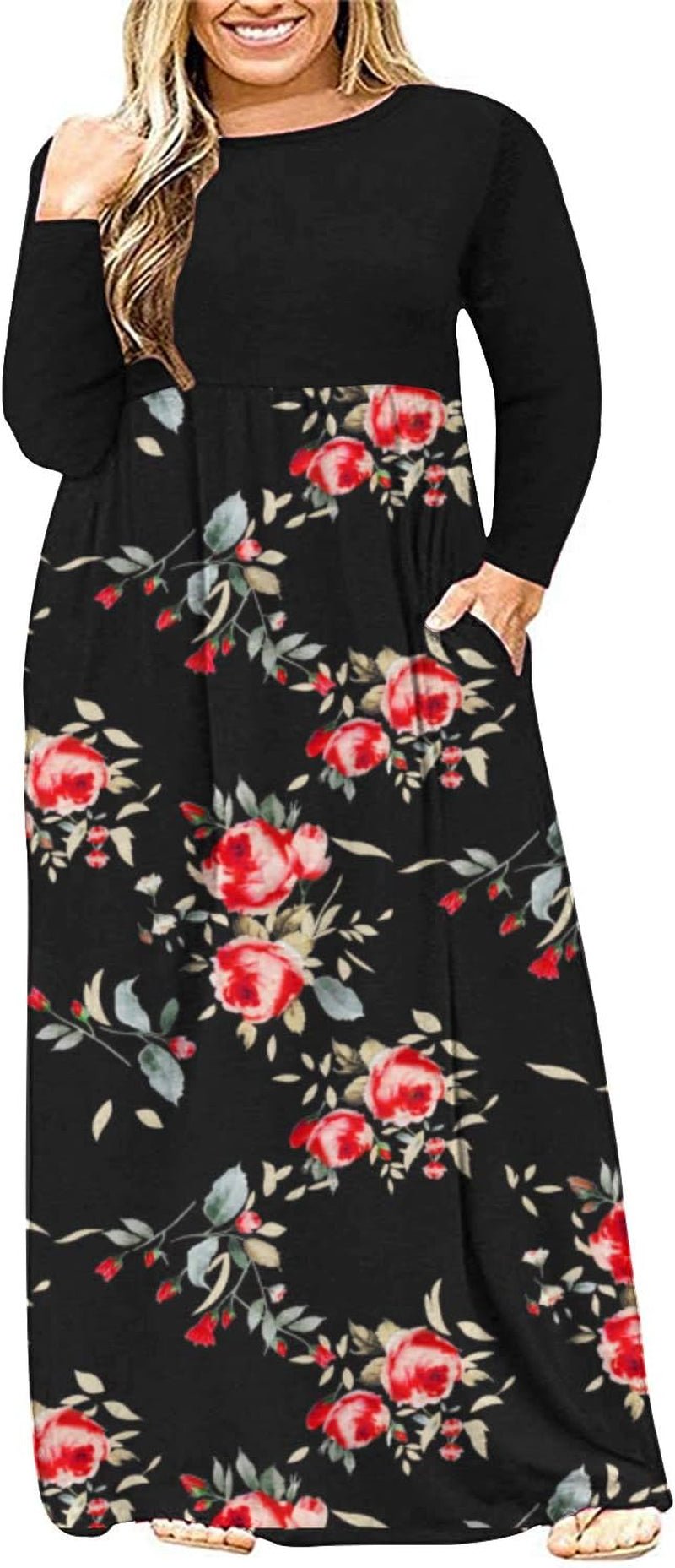Women'S Plain plus Size Long Sleeve Loose Curvy Long Maxi Dresses with Pockets(18W,Black Rose Black) - EdBryShaan
