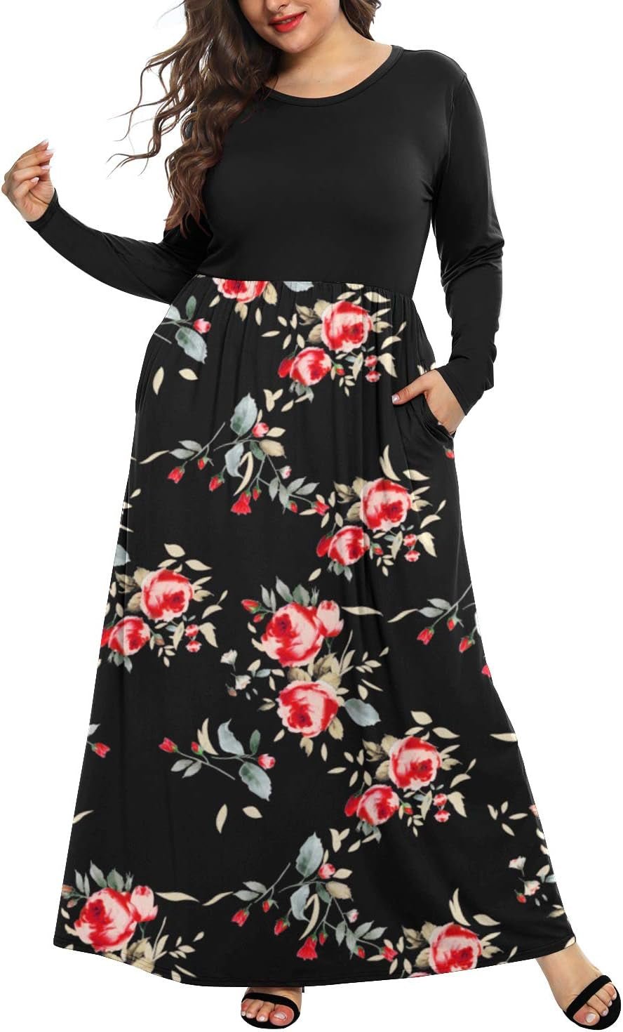 Women'S Plain plus Size Long Sleeve Loose Curvy Long Maxi Dresses with Pockets(18W,Black Rose Black) - EdBryShaan