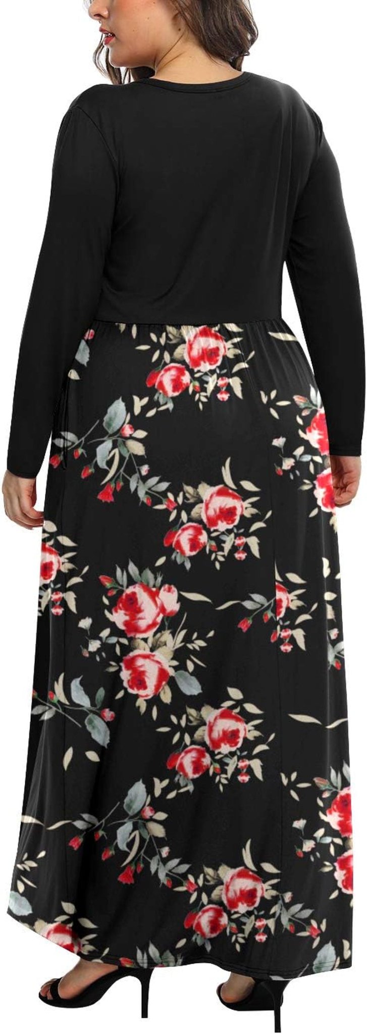 Women'S Plain plus Size Long Sleeve Loose Curvy Long Maxi Dresses with Pockets(18W,Black Rose Black) - EdBryShaan