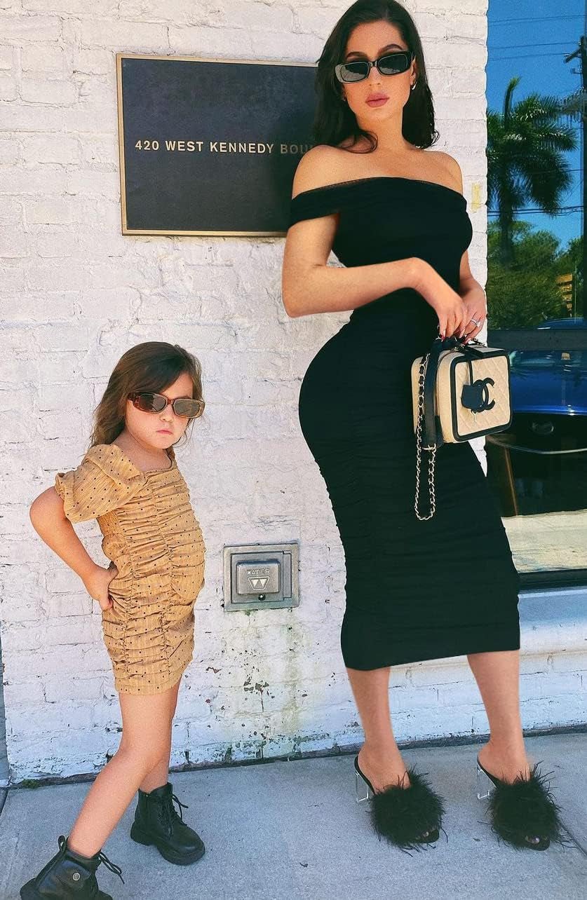 Women'S Ruched off Shoulder Short Sleeve Bodycon Midi Elegant Cocktail Party Dress - EdBryShaan