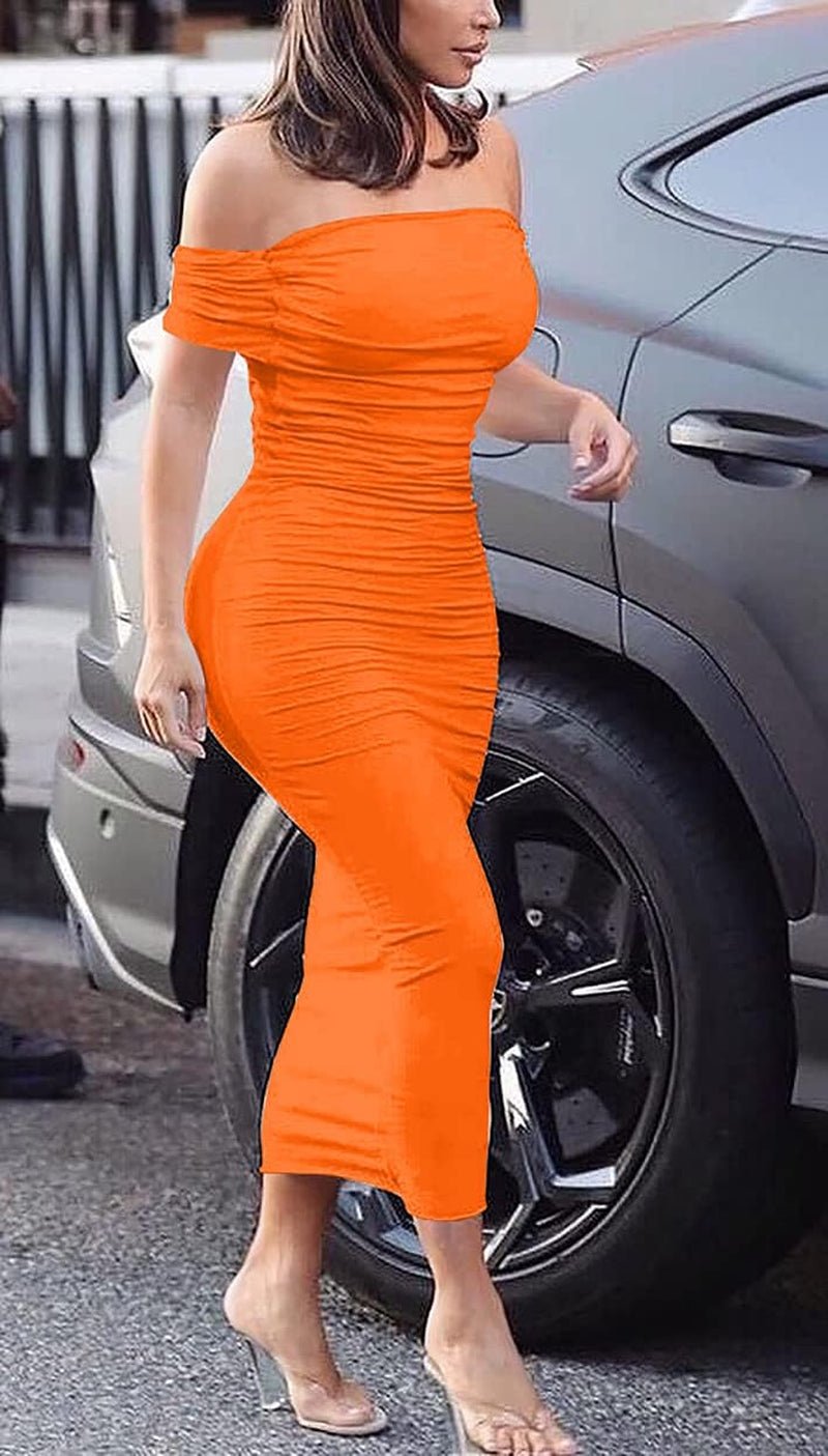 Women'S Ruched off Shoulder Short Sleeve Bodycon Midi Elegant Cocktail Party Dress - EdBryShaan