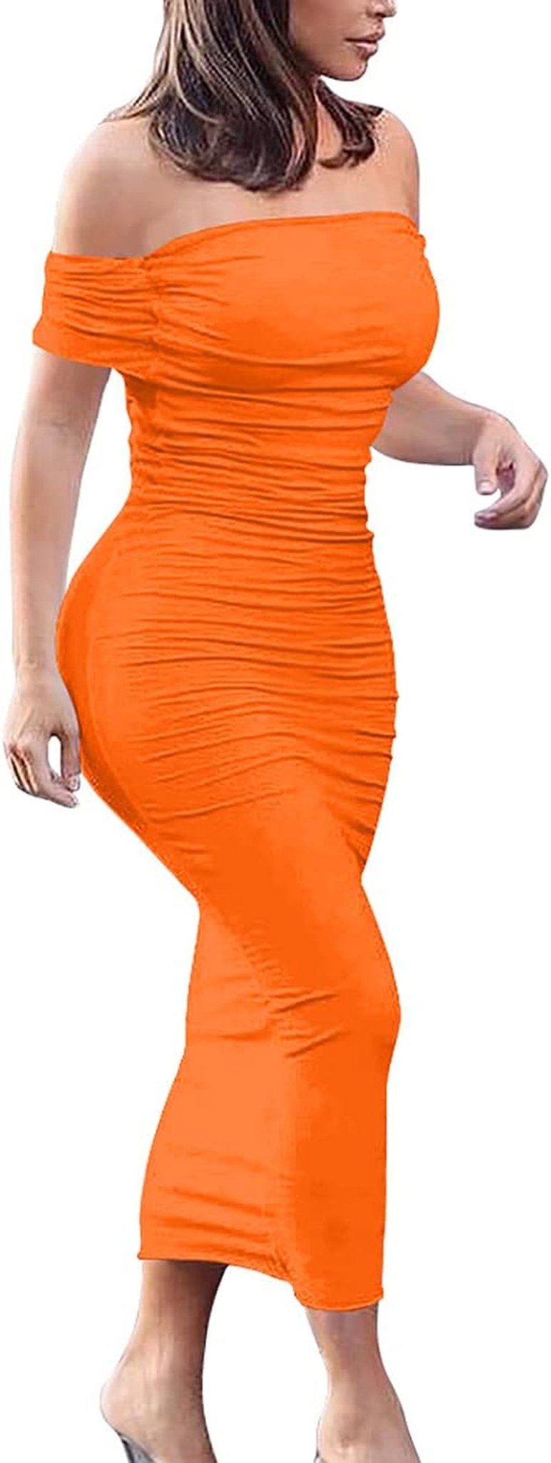 Women'S Ruched off Shoulder Short Sleeve Bodycon Midi Elegant Cocktail Party Dress - EdBryShaan
