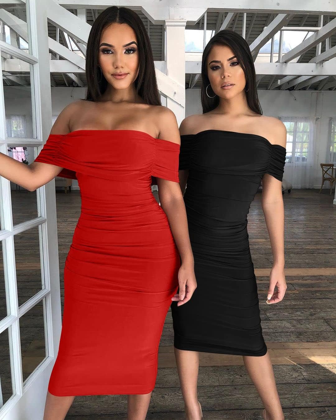 Women'S Ruched off Shoulder Short Sleeve Bodycon Midi Elegant Cocktail Party Dress - EdBryShaan