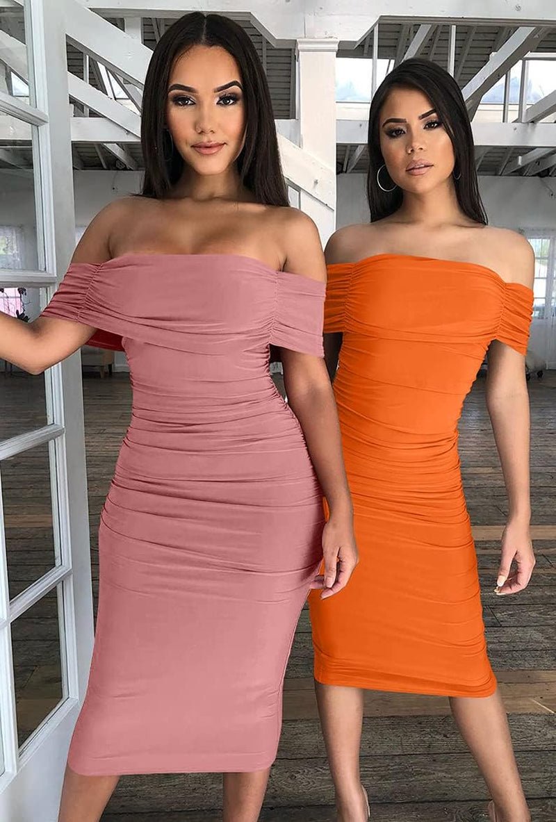 Women'S Ruched off Shoulder Short Sleeve Bodycon Midi Elegant Cocktail Party Dress - EdBryShaan
