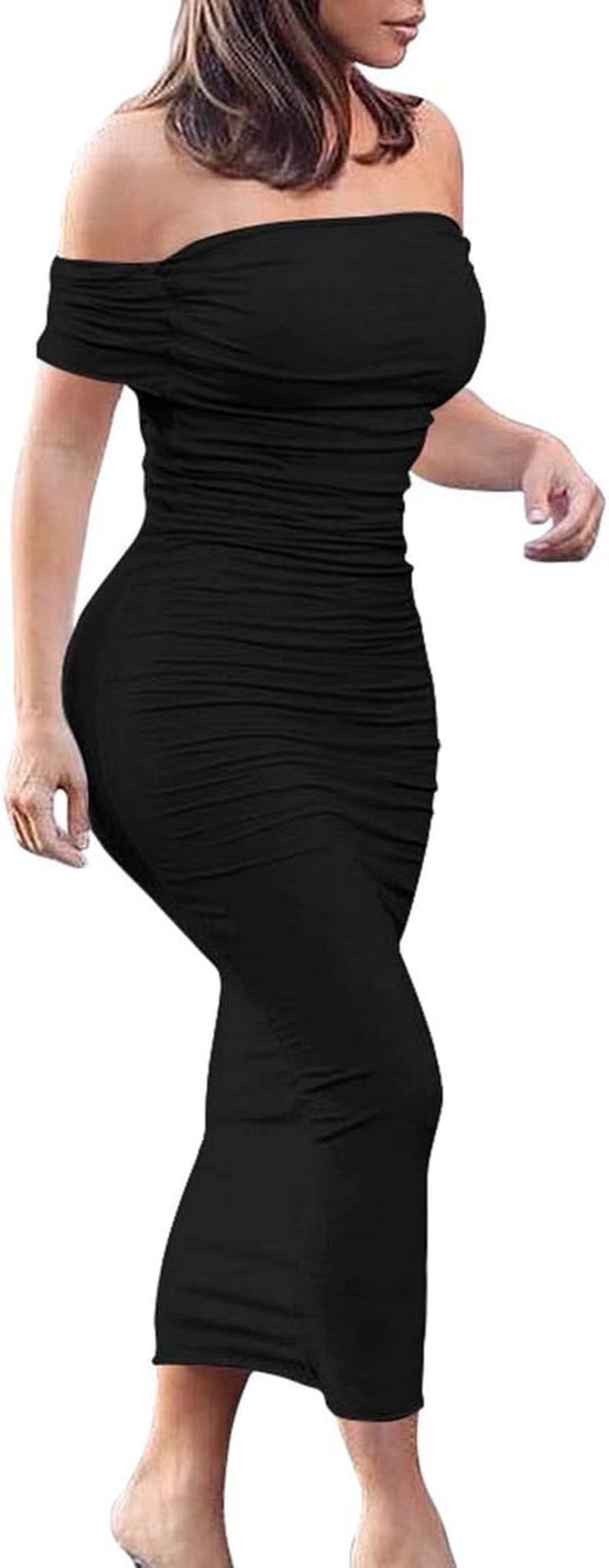 Women'S Ruched off Shoulder Short Sleeve Bodycon Midi Elegant Cocktail Party Dress - EdBryShaan