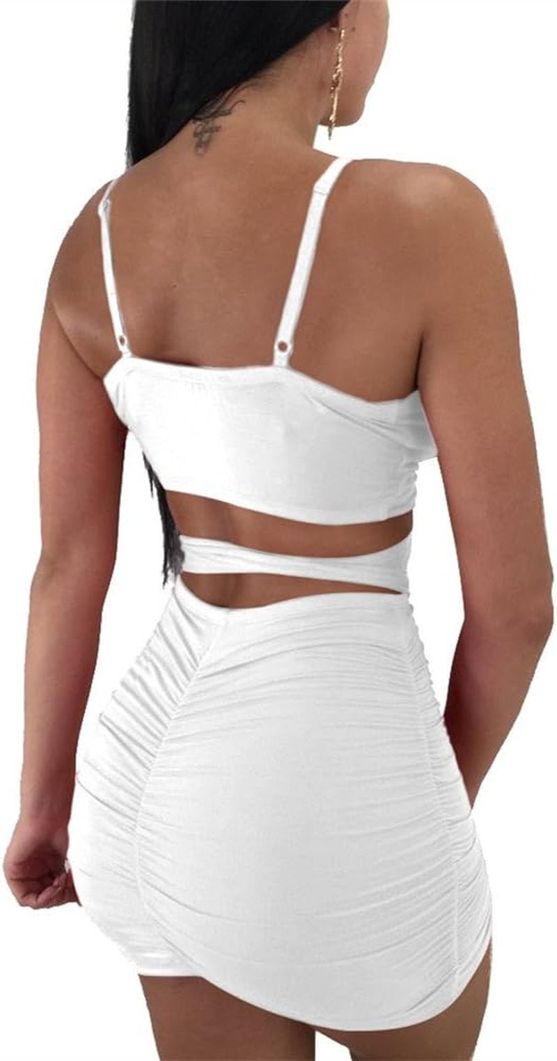 Women'S Sexy Bodycon Spaghetti Strap Ruched Lace up Mini Club Dress - EdBryShaan