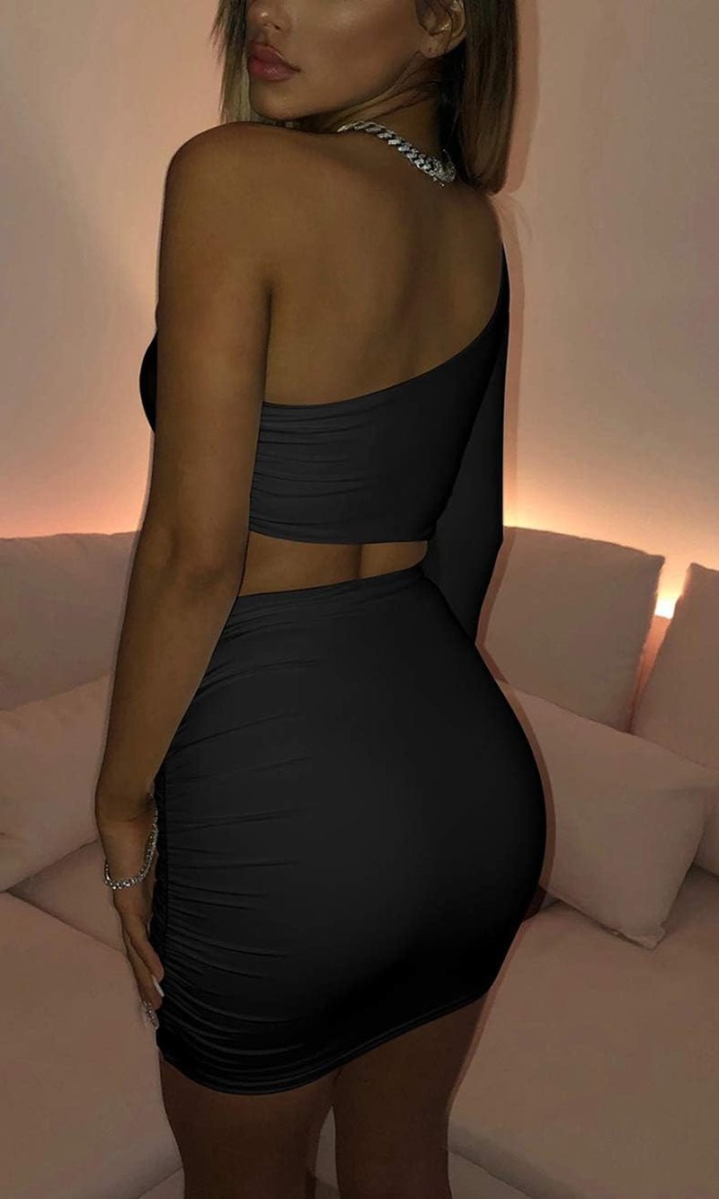 Women'S Sexy off the Shoulder One Sleeve Cut Out Ruched Mini Party Club Dress Black - EdBryShaan