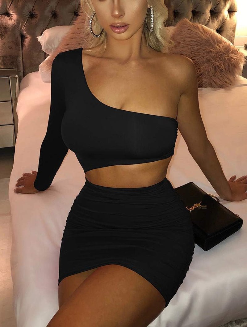Women'S Sexy off the Shoulder One Sleeve Cut Out Ruched Mini Party Club Dress Black - EdBryShaan