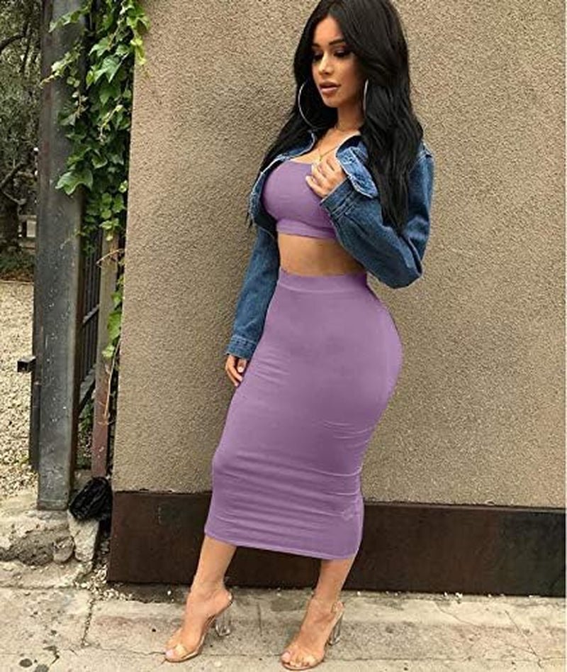 Women'S Sexy Summer Outfits Bodycon Tank Top Midi Skirt 2 Piece Dress - EdBryShaan