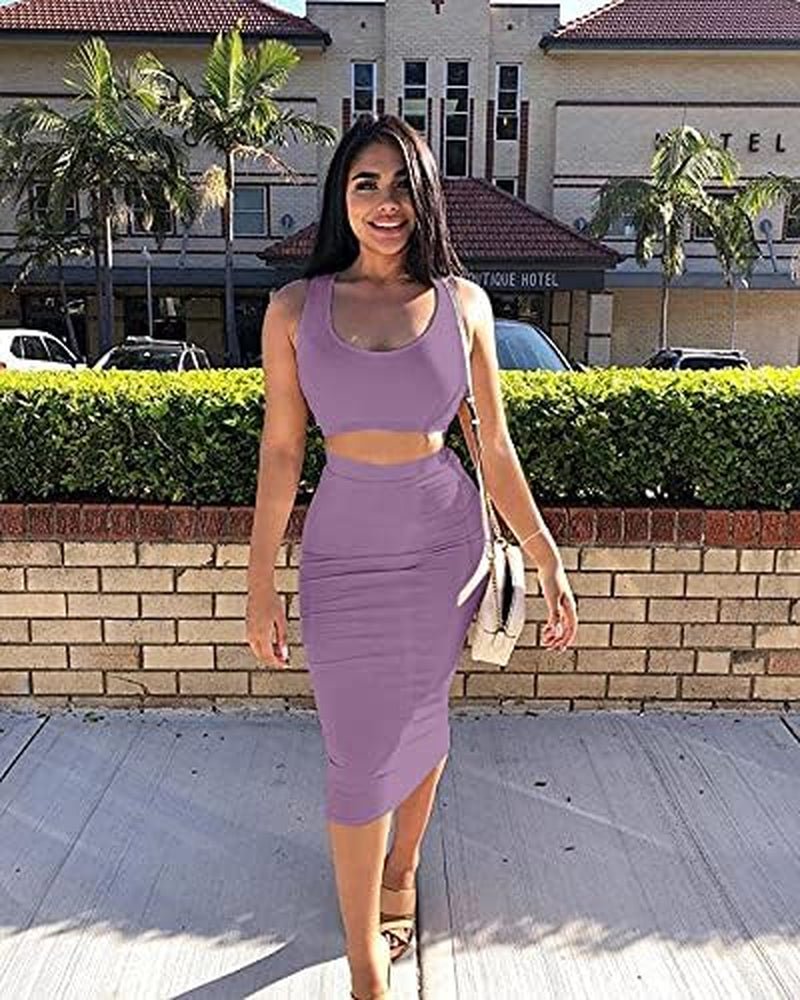 Women'S Sexy Summer Outfits Bodycon Tank Top Midi Skirt 2 Piece Dress - EdBryShaan