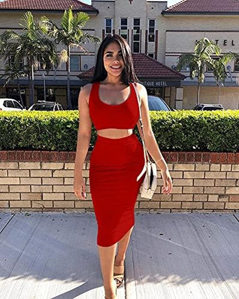 Women'S Sexy Summer Outfits Bodycon Tank Top Midi Skirt 2 Piece Dress - EdBryShaan