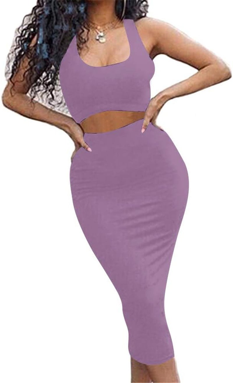 Women'S Sexy Summer Outfits Bodycon Tank Top Midi Skirt 2 Piece Dress - EdBryShaan