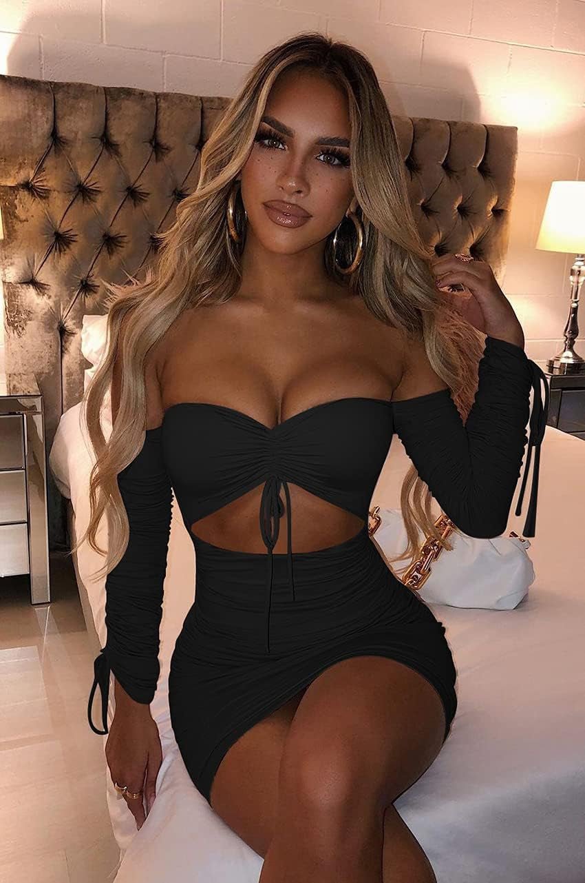 Women'S Sexy Tube Long Sleeve Cutout Drawstring Ruched Bodycon Mini Club Dress Black - EdBryShaan