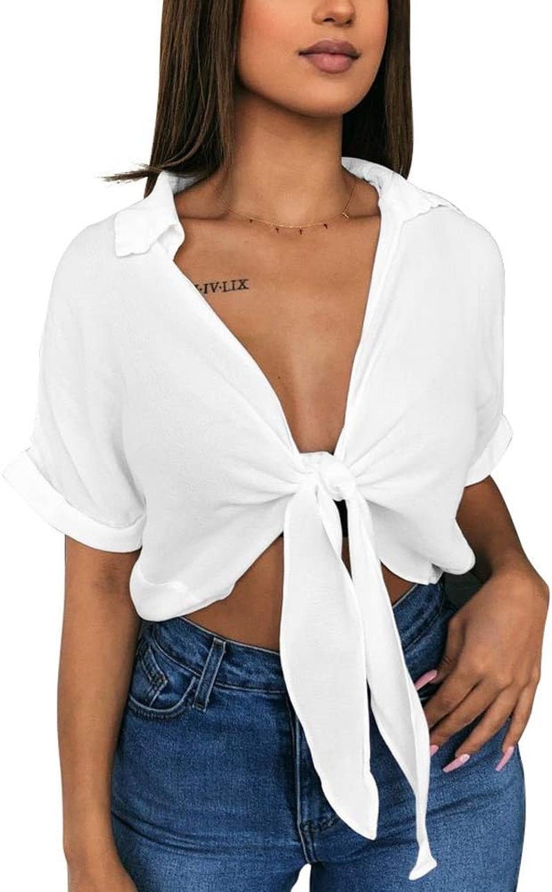Womens Summer Short Sleeve Shirts V Neck Tie Knot Batwing Blouses Tops - EdBryShaan